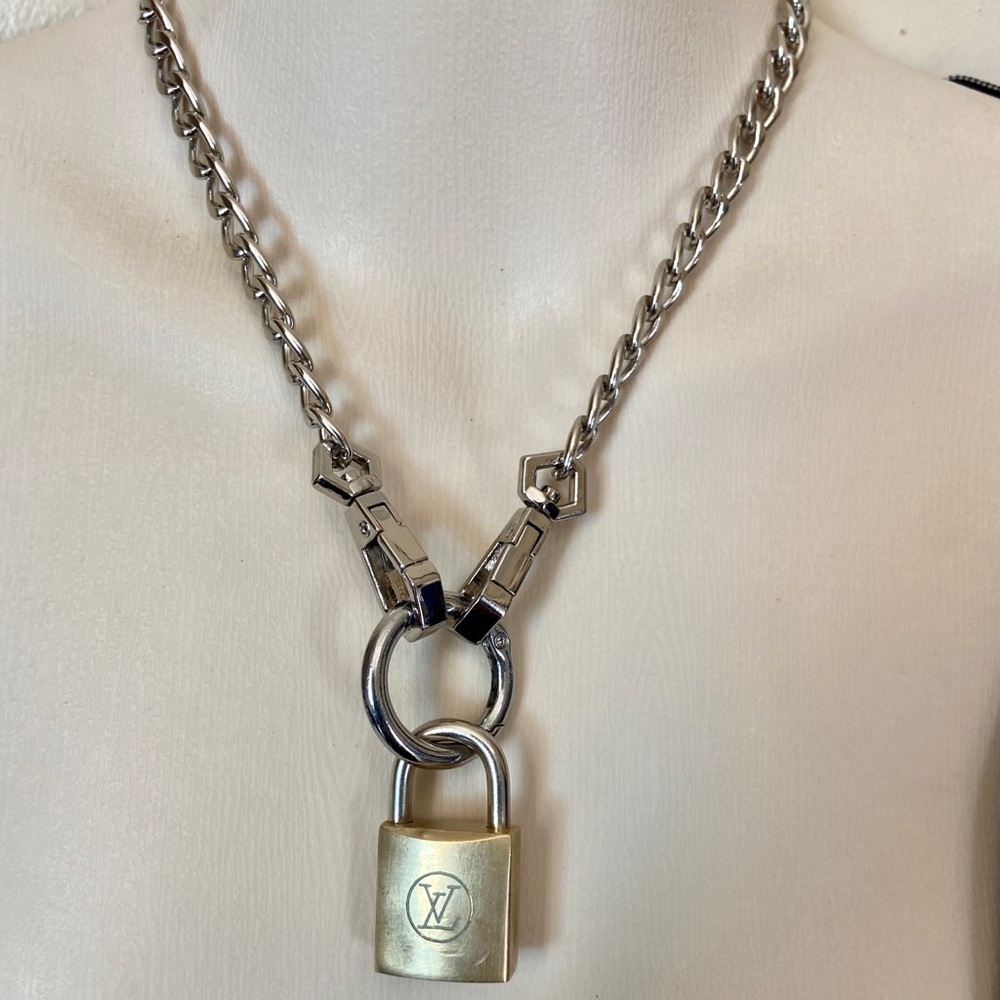 Vintage, Louis Vuitton Brass Padlock with 18-in Silver Tone Chain